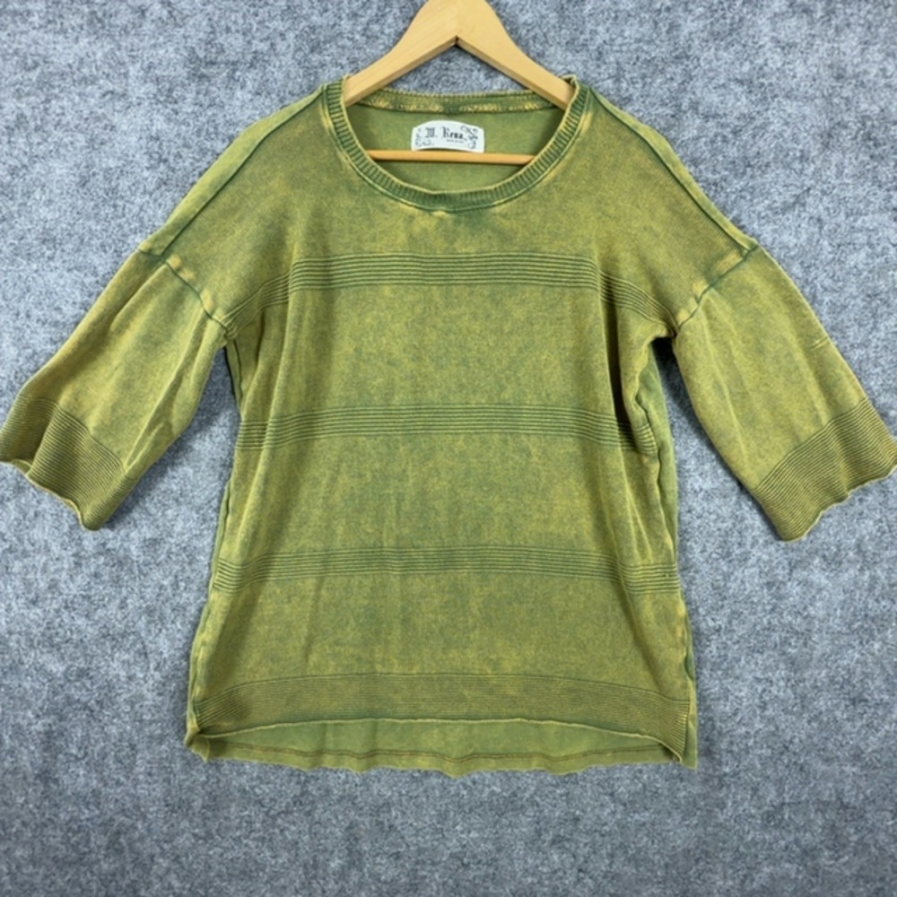 M. Rena Knit Top Women Medium Green Yellow Acid Wash Grunge Ribbed Cotton Modal